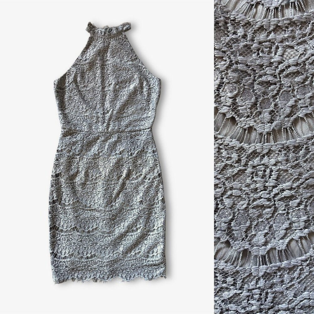 Charlotte Russe Scalloped Eyelash Lace Gray Halter Mini Dress Womens Medium Y2K